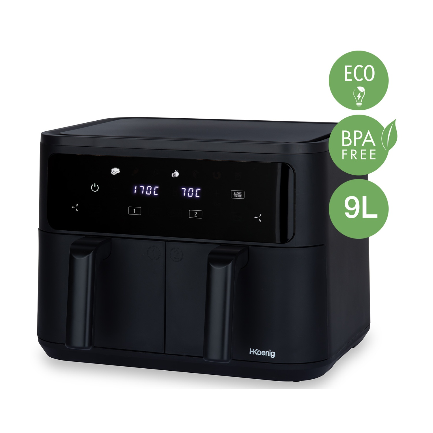 Friggitrice ad aria nera con display digitale che mostra 170C e 70C. Ha maniglie e icone per eco, senza BPA e capacità di 9L.