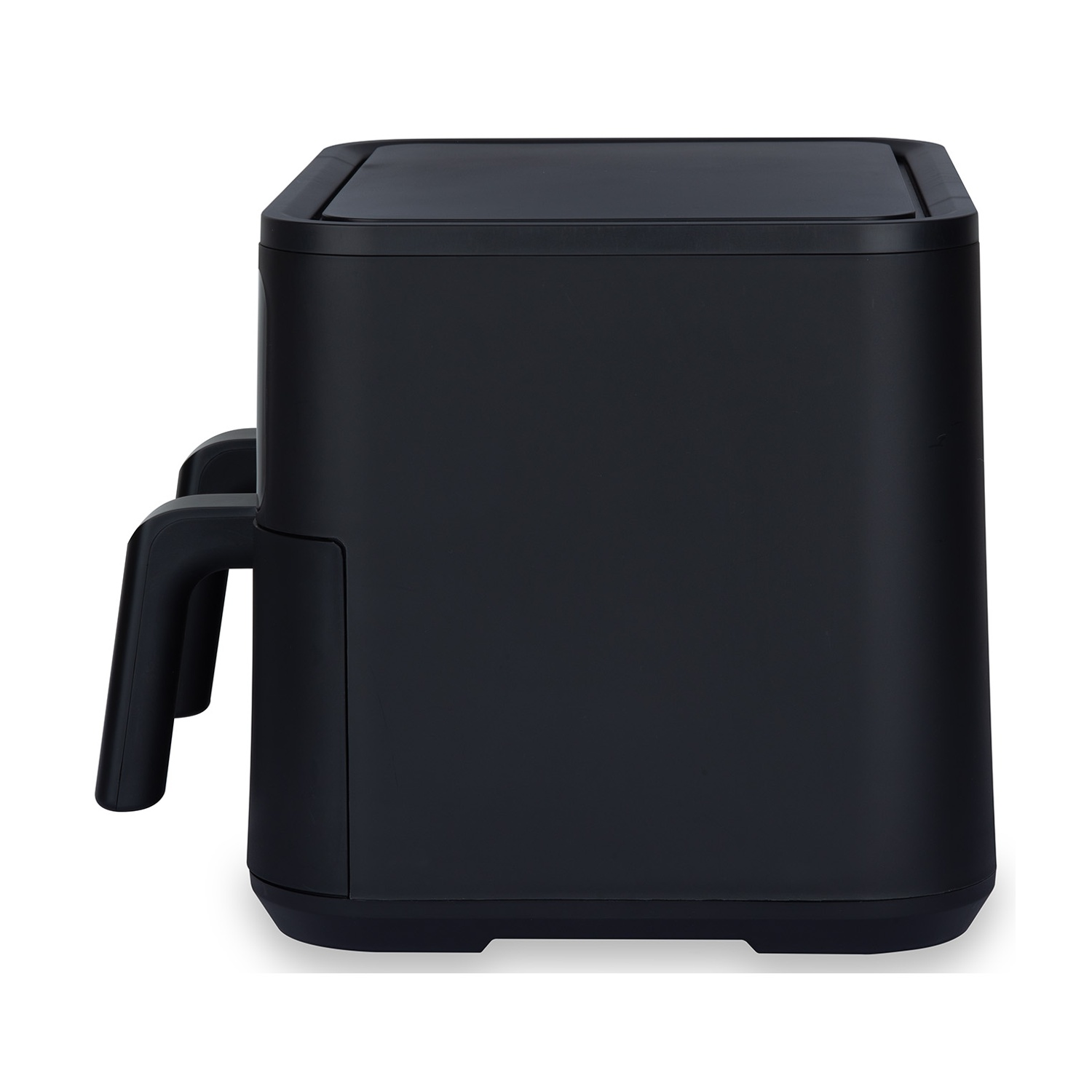 Una friggitrice ad aria nera su sfondo bianco. Ha una forma quadrata con maniglie e coperchio. Il design è moderno e minimalista.