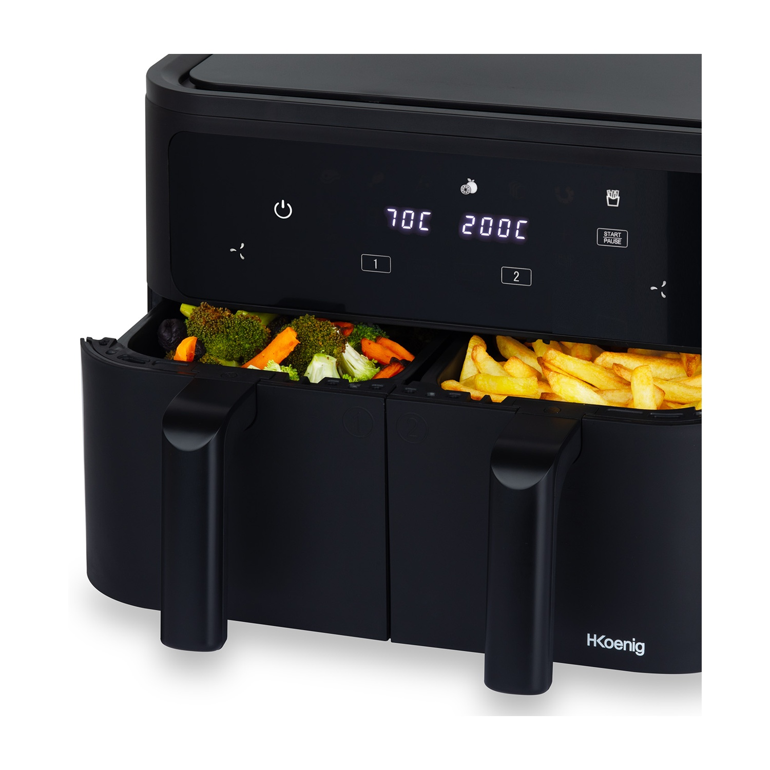 Friggitrice ad aria nera con due scomparti. Uno ha verdure, l'altro patatine fritte. Il display digitale mostra le impostazioni.