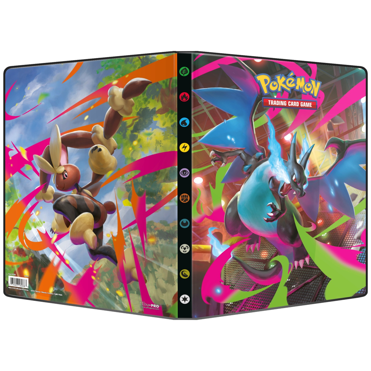 Classeur de cartes Pokémon avec des illustrations de Charizard et Lucario. Rayures roses et vertes vives. Logo du Jeu de Cartes Pokémon.