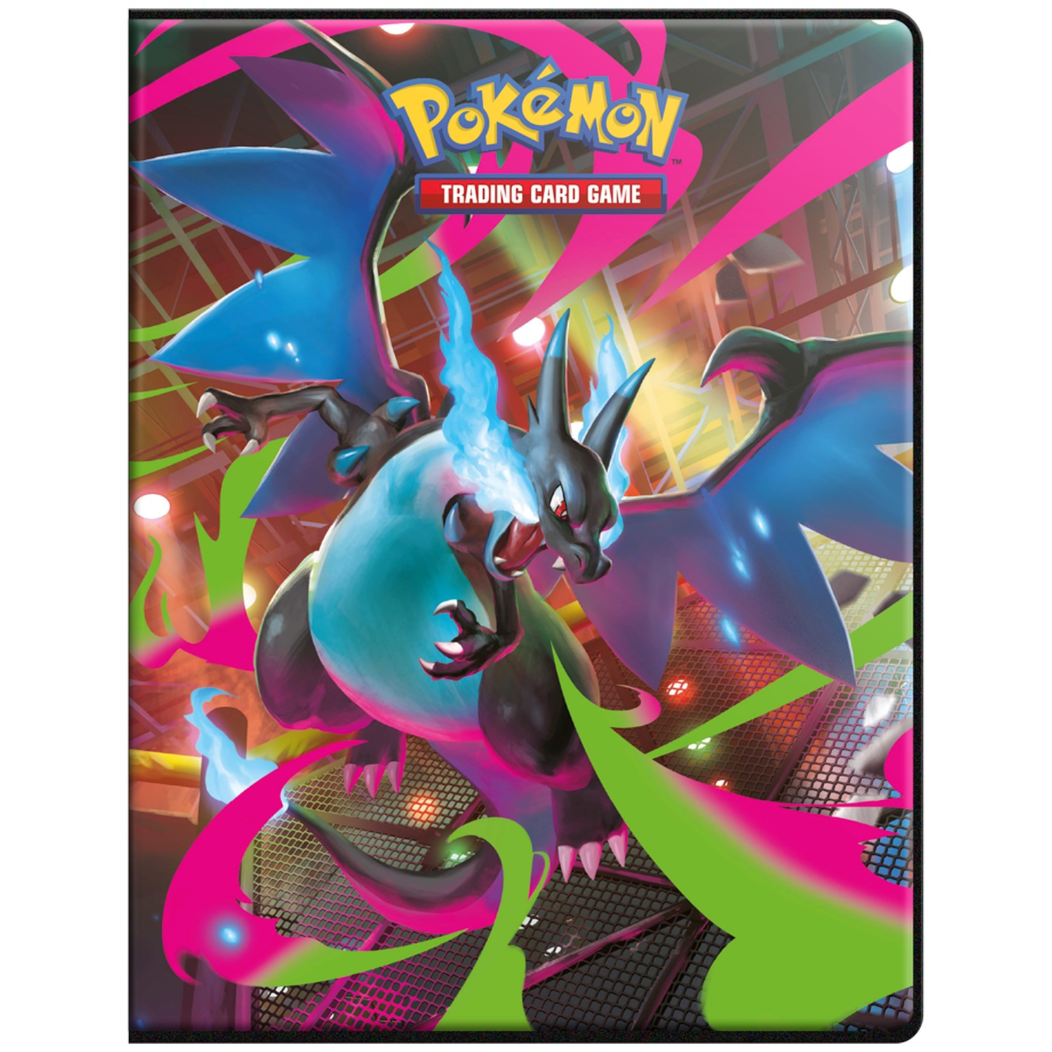 Une couverture de classeur de cartes à collectionner Pokémon. Dracaufeu crache du feu bleu. Traits roses et verts vifs sur fond détaillé.