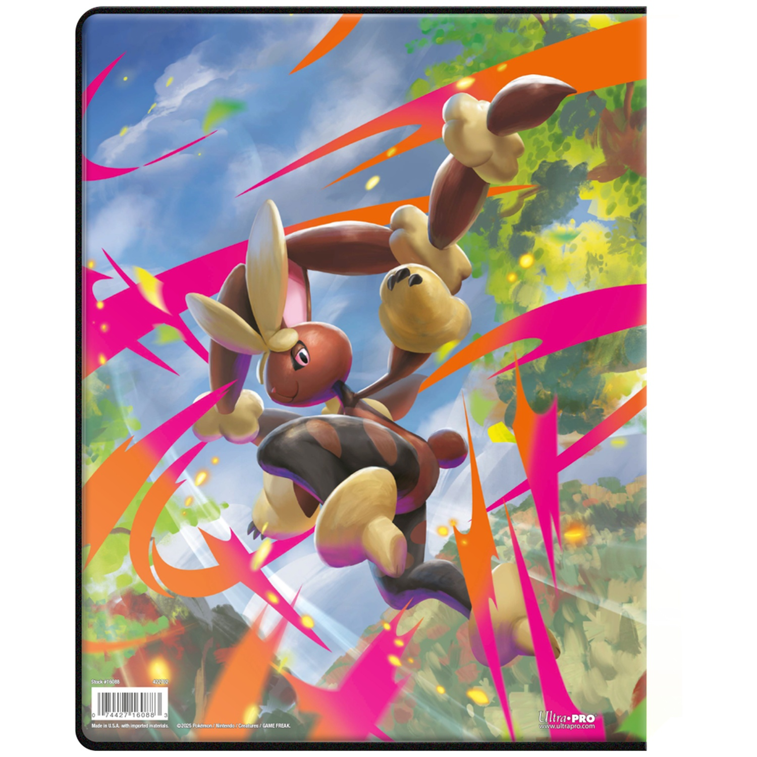 Une carte Pokémon avec une créature ressemblant à un lapin brun et beige. Des éclairs d'énergie roses et oranges l'entourent sur fond vert et bleu.