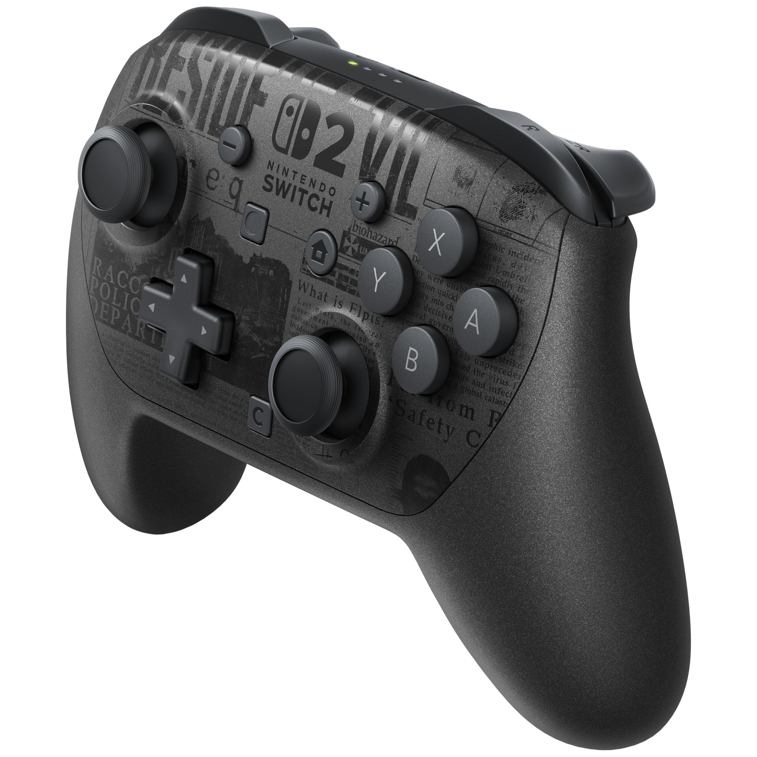 Zwarte Nintendo Switch-controller. Voorzien van knoppen, D-pad en joysticks. De controller heeft een krant-achtige afbeelding.