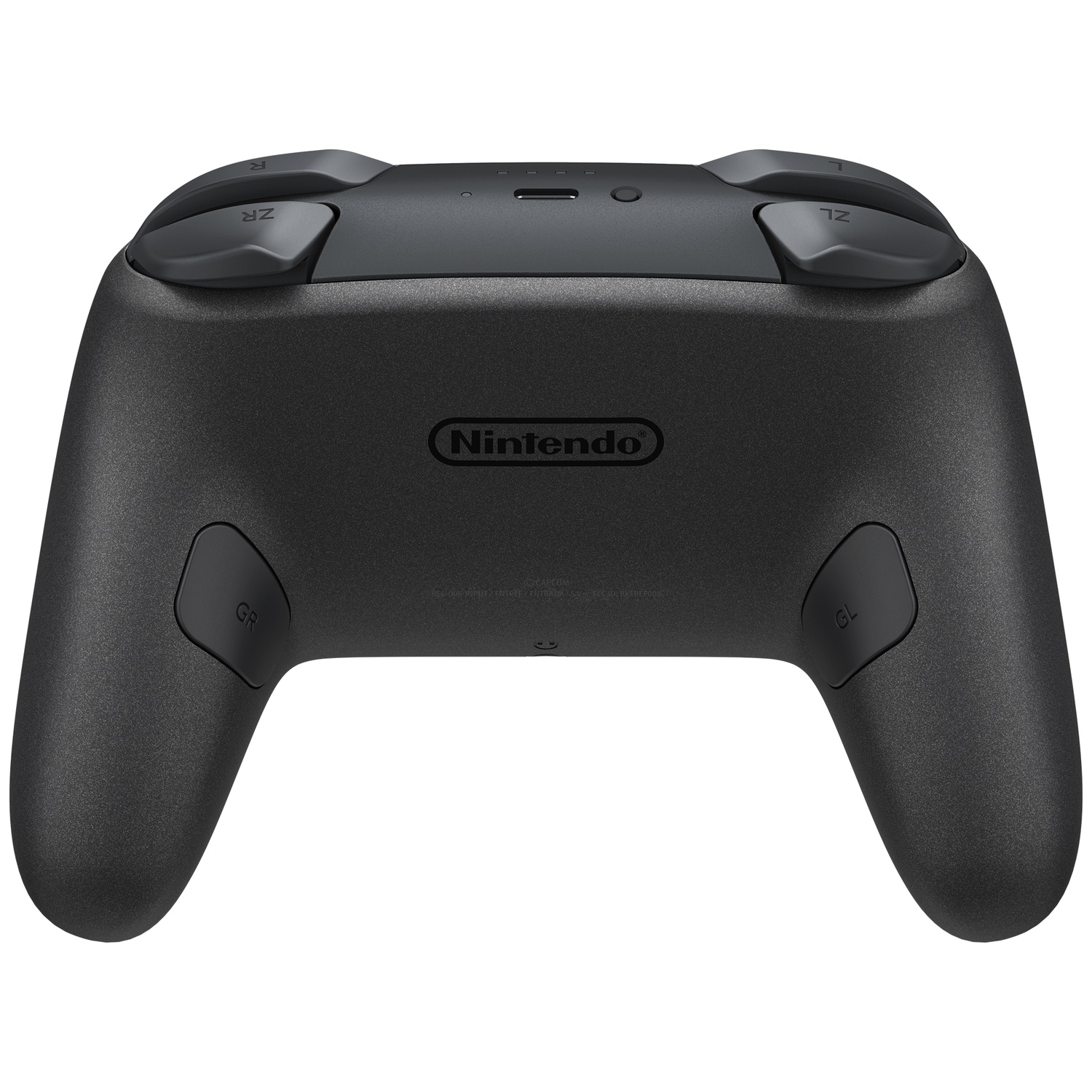 Een zwarte Nintendo Switch-controller, met knoppen ZR, ZL, R, L, GR en GL. Het Nintendo-logo is zichtbaar.