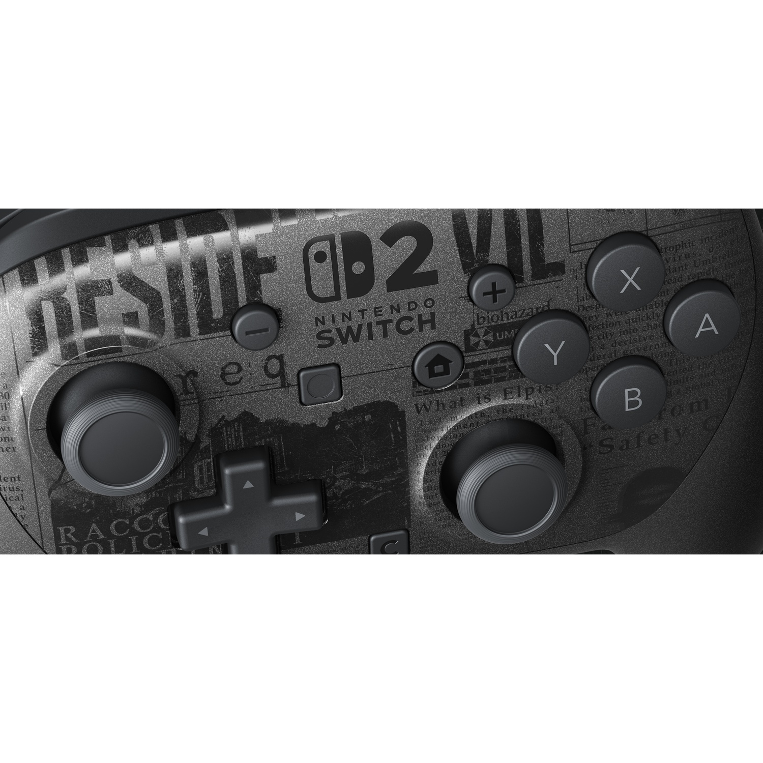 Close-up van een zwarte Nintendo Switch-controller. Bevat de woorden "RESIDE 2 VIL", knoppen en een Raccoon Police-logo.