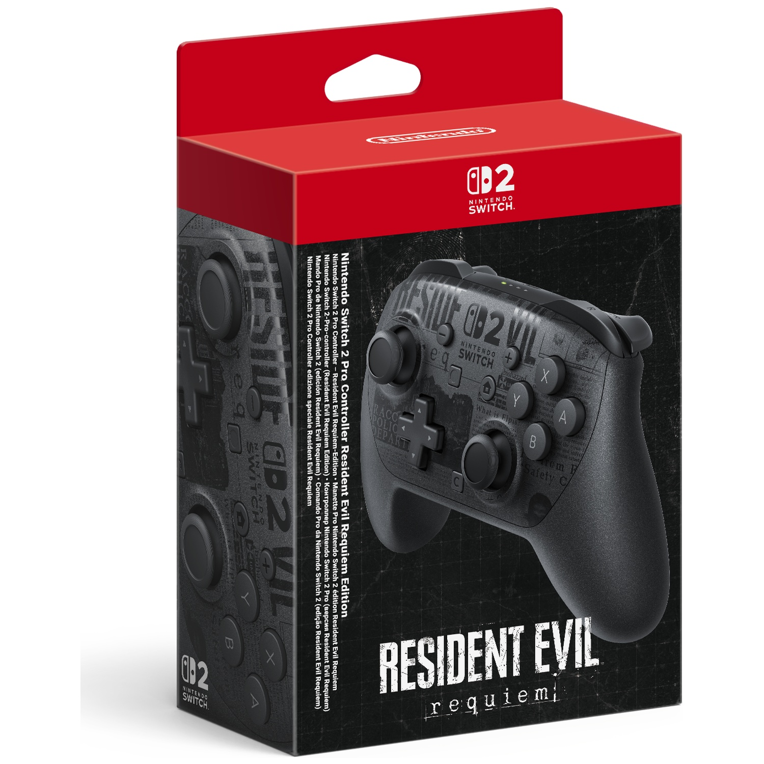 Een Nintendo Switch 2 Pro controllerdoos, Resident Evil Requiem editie, in zwart en rood, met een controller erin.