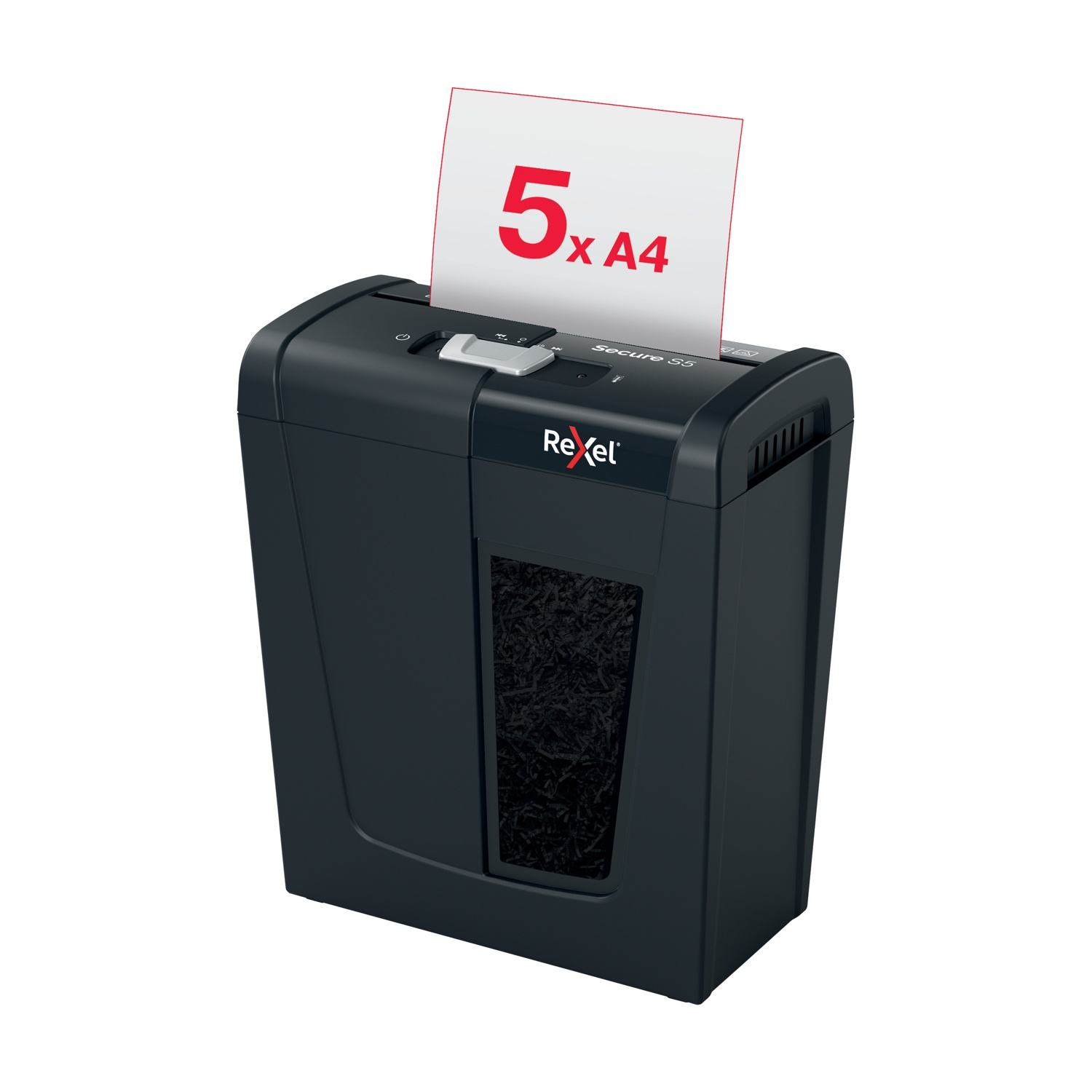 Distruggidocumenti Rexel Secure S5 a Taglio Strisce 6 mm, Capacità 5 Fogli A4, Cestino 10L, Compatto per Casa e Ufficio