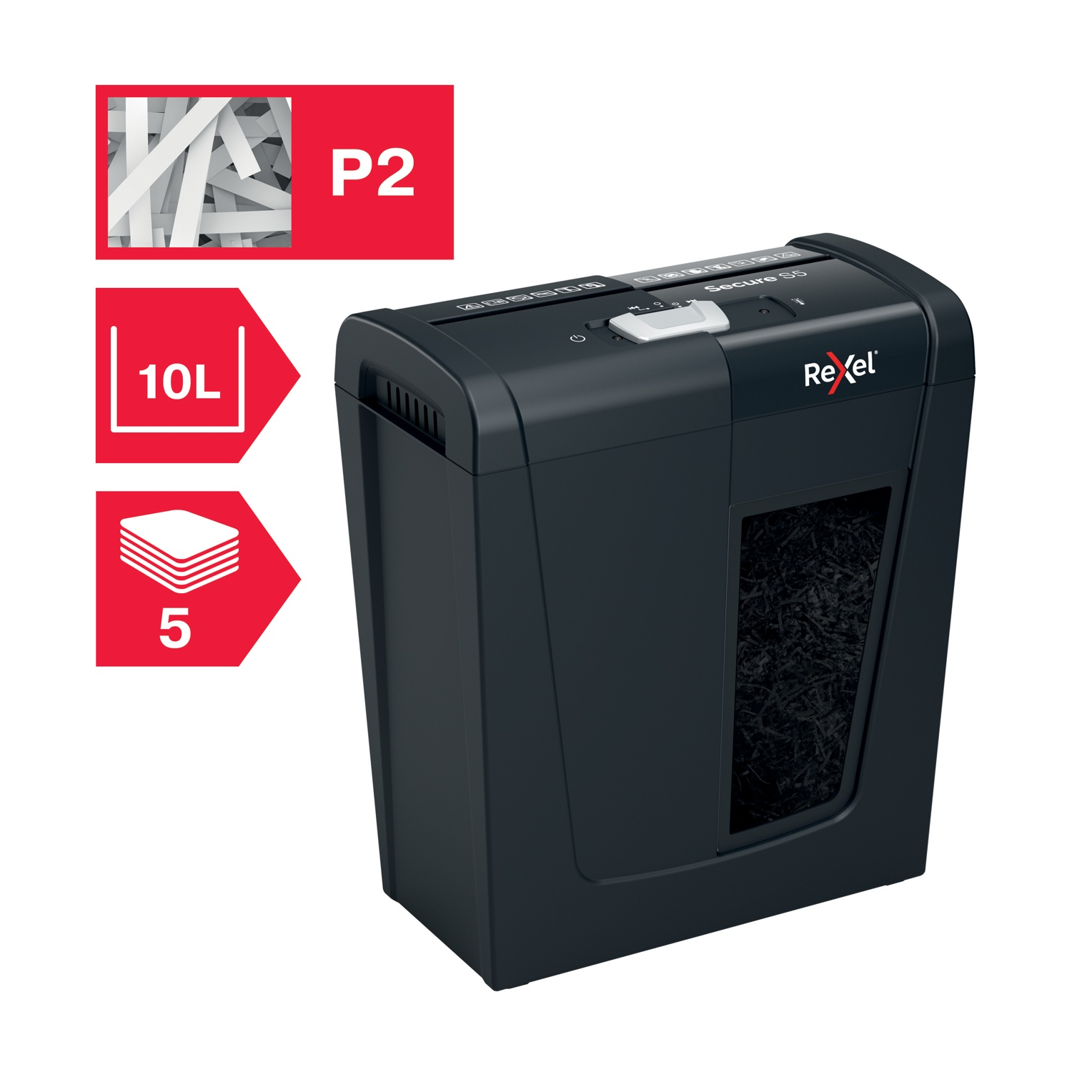 Distruggidocumenti nero Rexel Secure S5. Etichette rosse mostrano sicurezza P2, capacità 10L e taglio 5 fogli. Carta sminuzzata visibile.