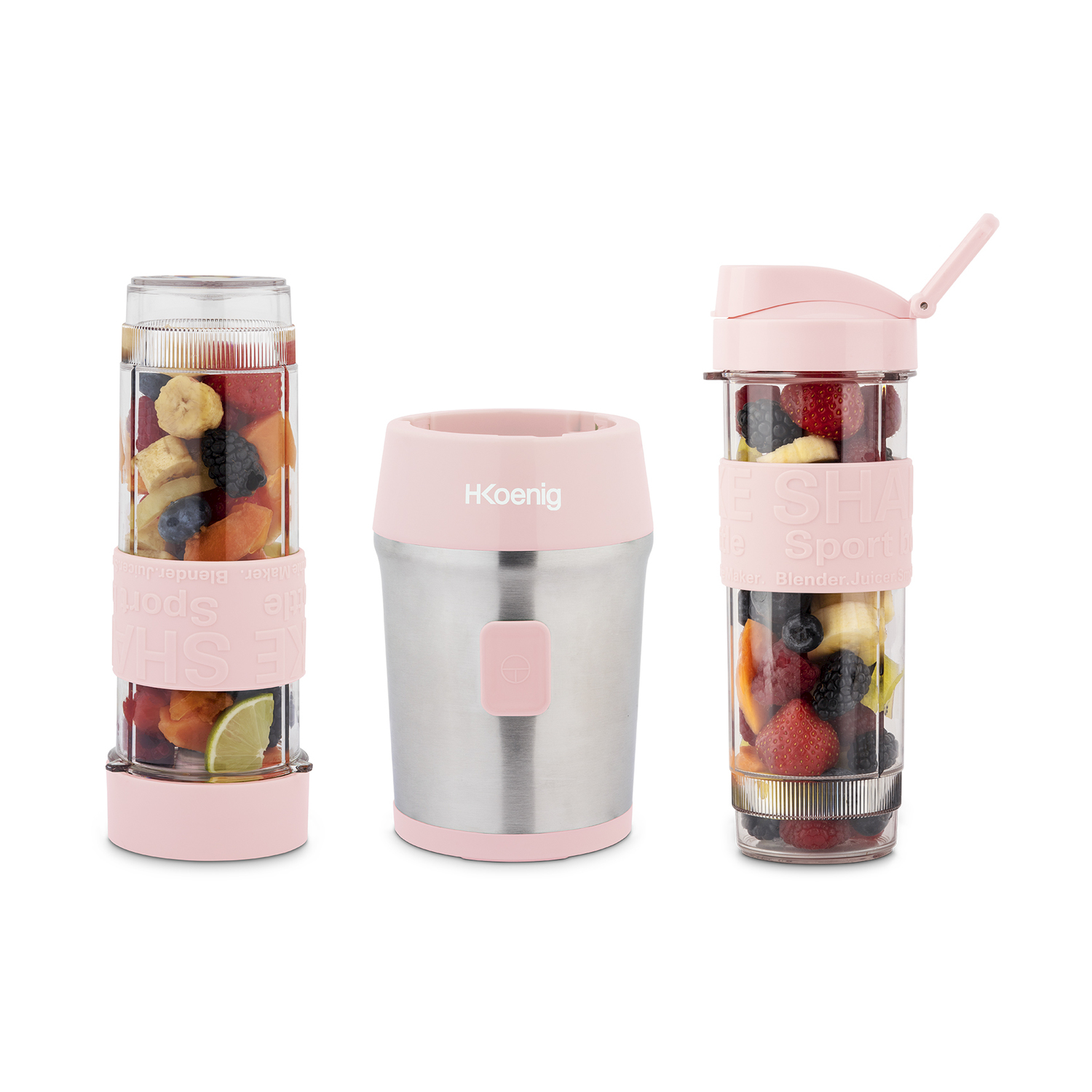 Tre frullatori: due con frutta all'interno, uno smontato. I colori rosa e argento dominano. Sfondo bianco. 'E SHA' sul frullatore.
