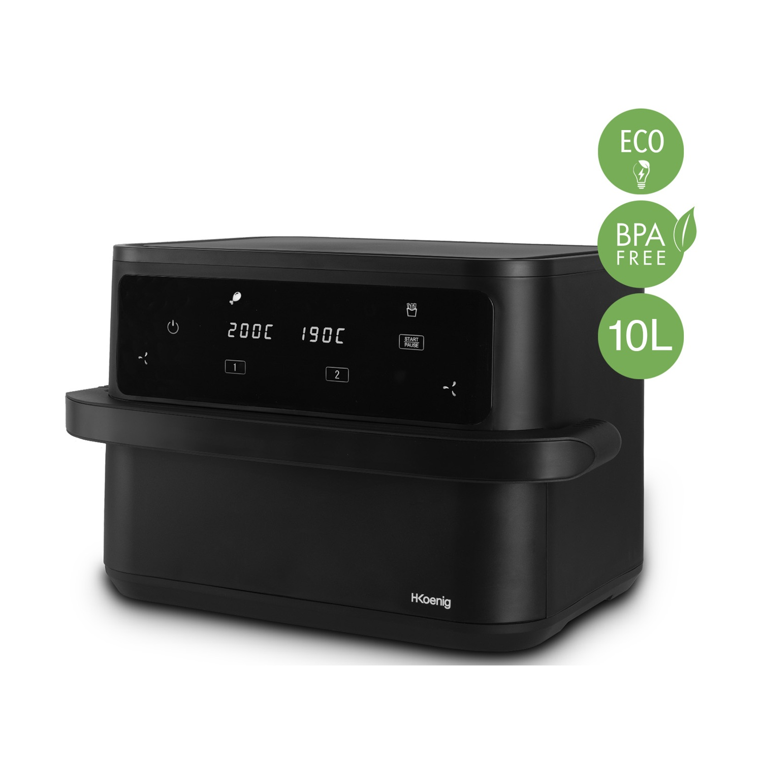 Friggitrice ad aria nera con display digitale 200C e 190C. Etichette verdi per eco, senza BPA e capacità 10L.