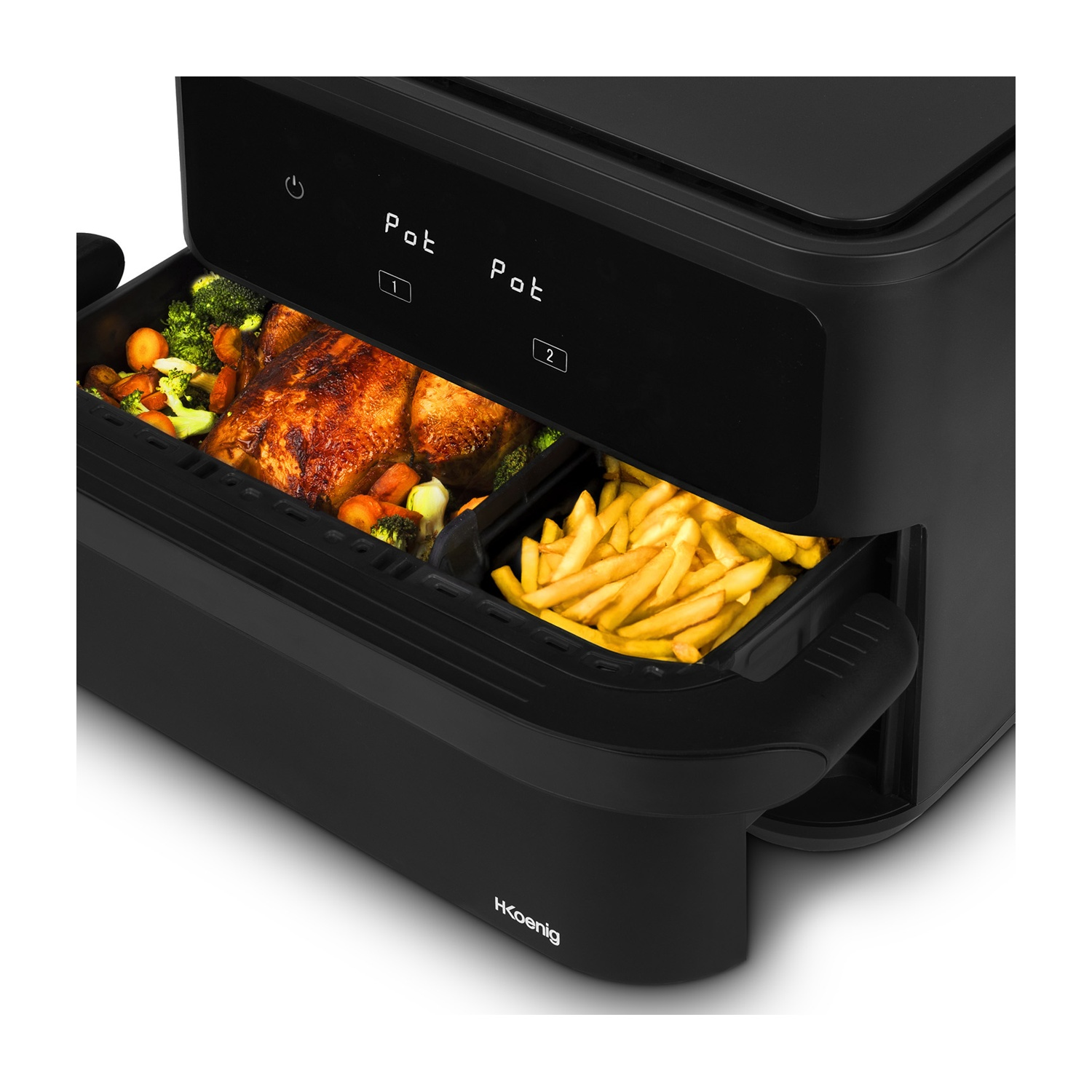Friggitrice ad aria nera con pollo e patatine fritte. Il display mostra Pot 1 e Pot 2. Broccoli e carote sono visibili con il pollo.