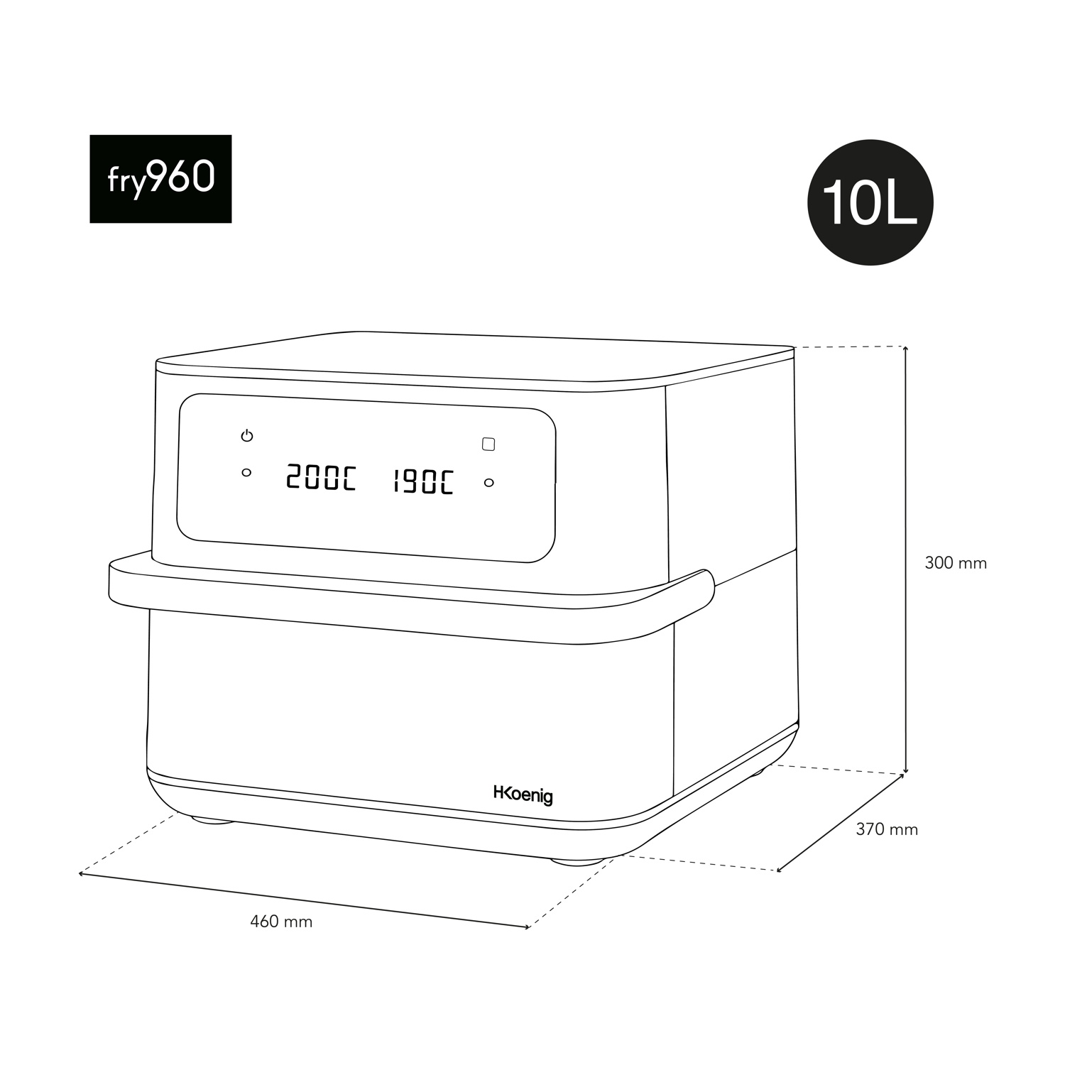 Una friggitrice ad aria con dimensioni e dettagli di capacità. Ha un display digitale e il marchio è HKoenig. La friggitrice è etichettata come fry960 e 10L.