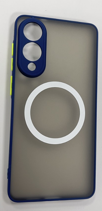 A telefon tokja kék szegéllyel, kamerakivágásokkal és fehér mágnesgyűrűvel. Sárga gombok láthatók az oldalon.