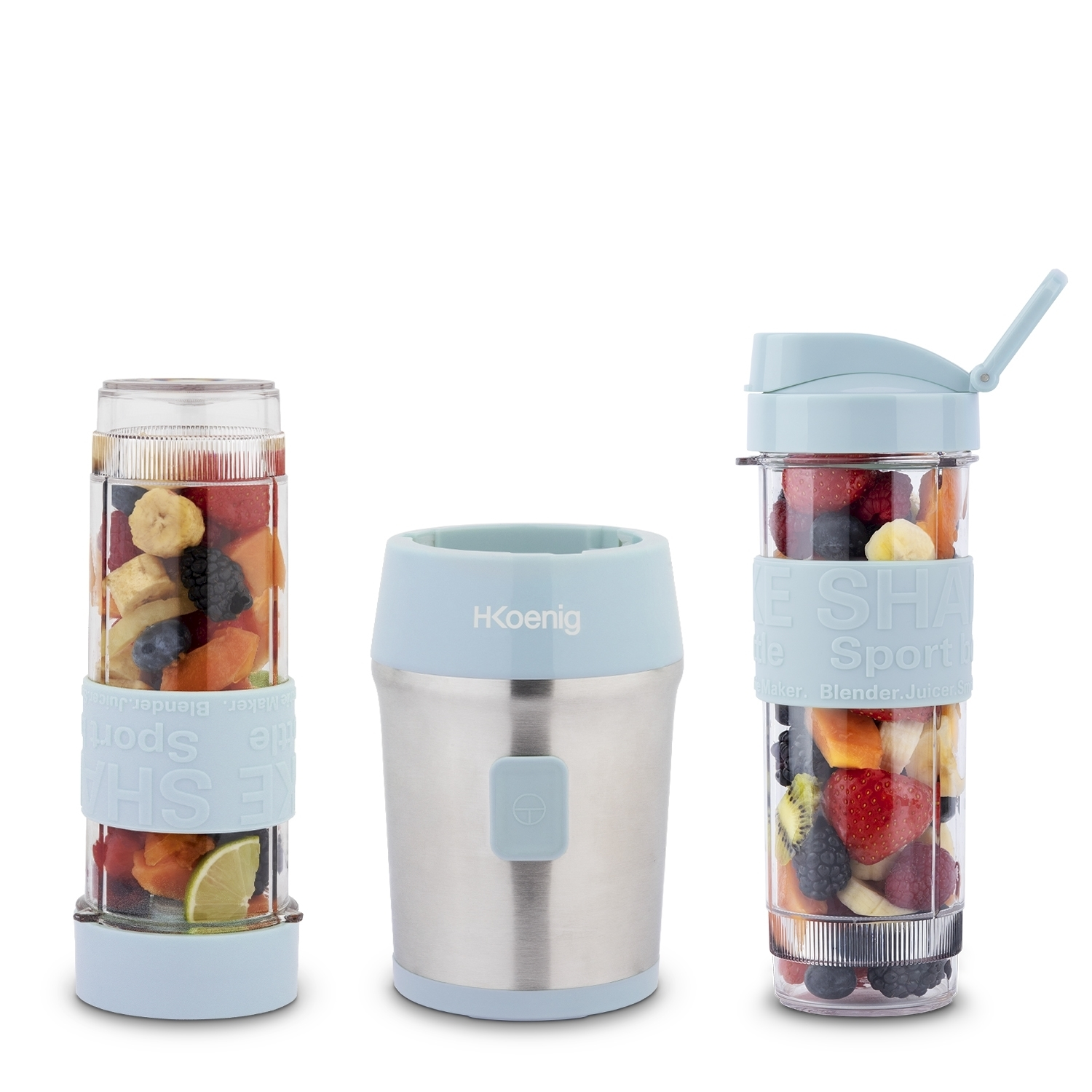 Tre frullatori: due con frutta all'interno, uno vuoto. La frutta comprende bacche, fette di banana e lime. Accenti blu e metallo argentato.