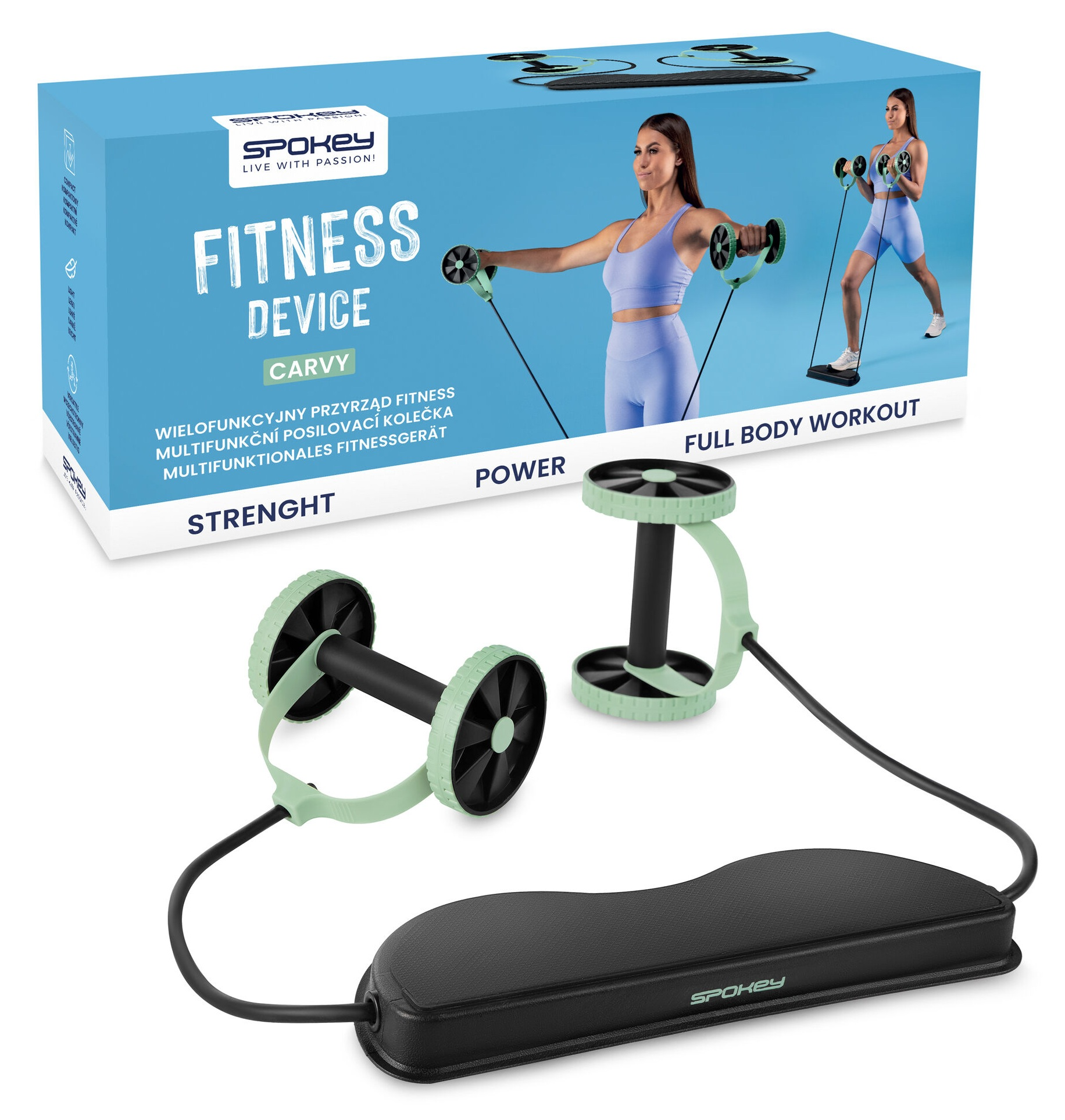 Pudełko z urządzeniem fitness z kobietą, która go używa. Akcesoria z przodu.