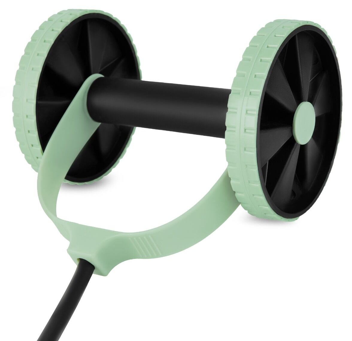 Kółko do ćwiczeń mięśni brzucha z dwoma czarnymi kołami z miętowo-zielonymi krawędziami, połączonymi czarnym drążkiem i miętowo-zielonymi uchwytami.