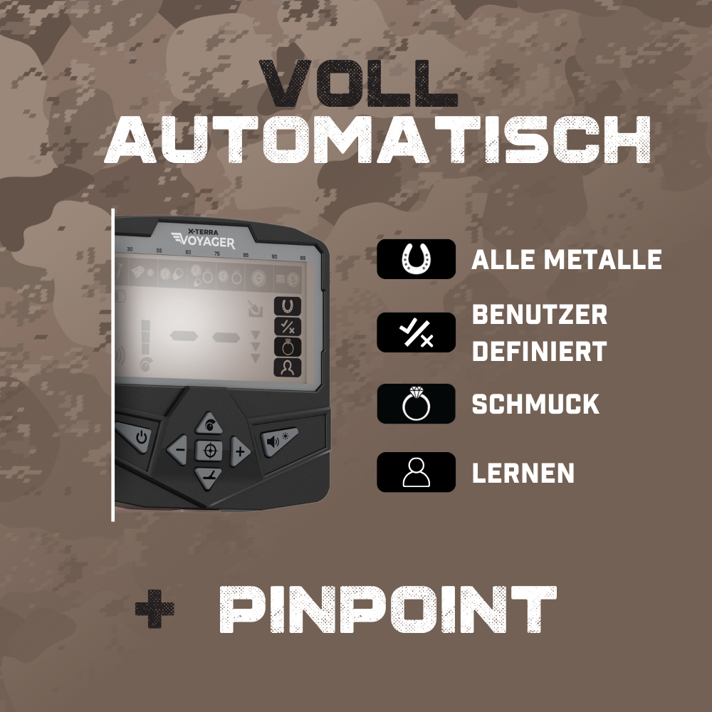 Ein Metalldetektor mit Bildschirm und Knöpfen, Text auf Deutsch. Schlüsselwörter: Metall, automatisch, Pinpoint, Voyager, Schmuck.