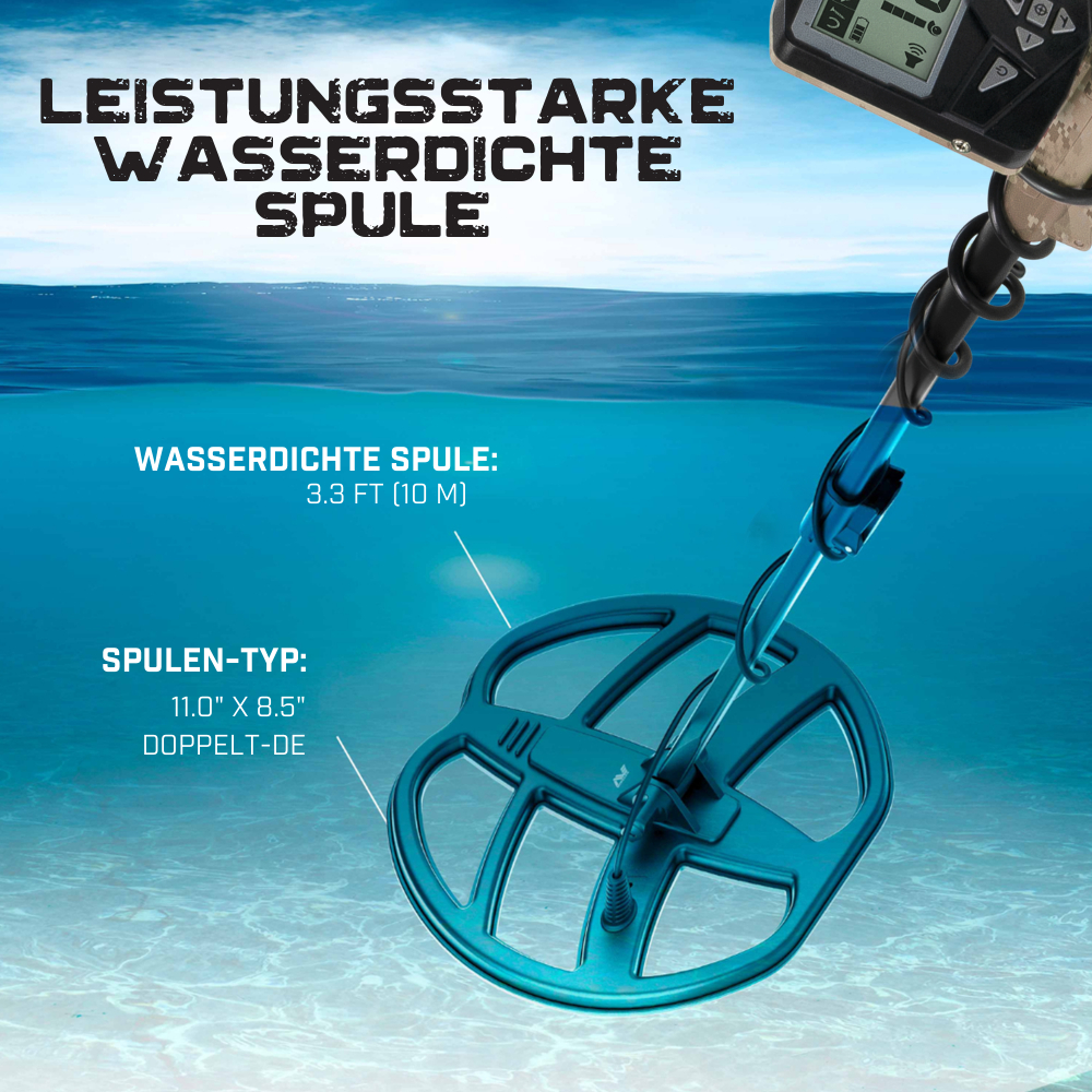Ein Metalldetektor unter Wasser. Er hat eine blaue Spule, einen Griff und eine Steuereinheit. Text: 'LEISTUNGSSTARKE WASSERDICHTE SPULE'.