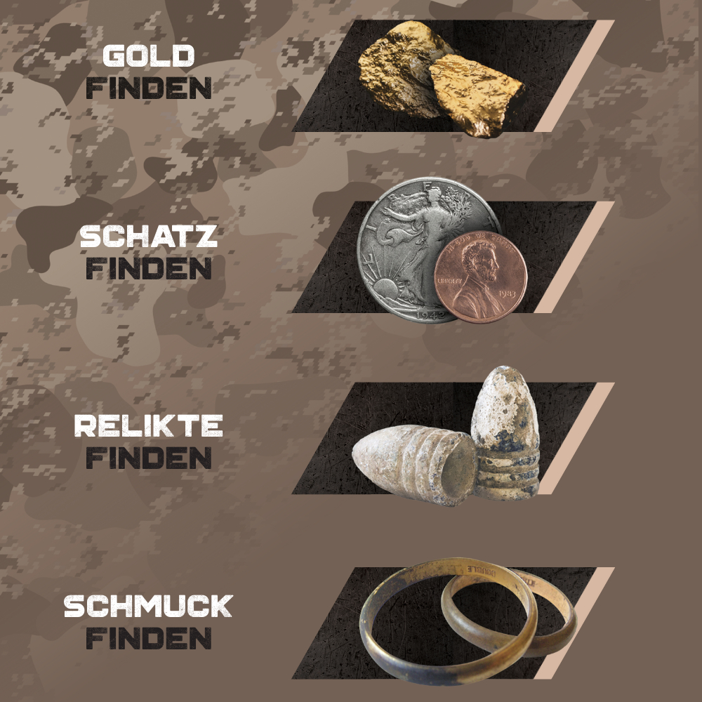 Das Bild zeigt Goldnuggets, eine Silbermünze, einen Cent, Kugeln und zwei Ringe. Der Hintergrund hat ein Camouflage-Muster.
