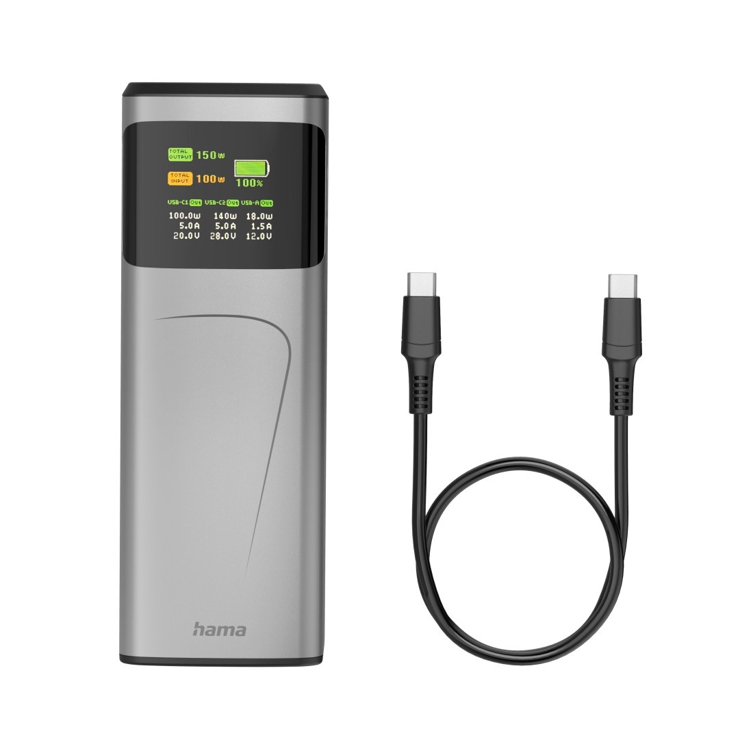 Ezüst power bank, képernyővel, amely a töltési állapotot és a specifikációkat jeleníti meg. Két fekete kábel USB-C csatlakozókkal van csatlakoztatva.