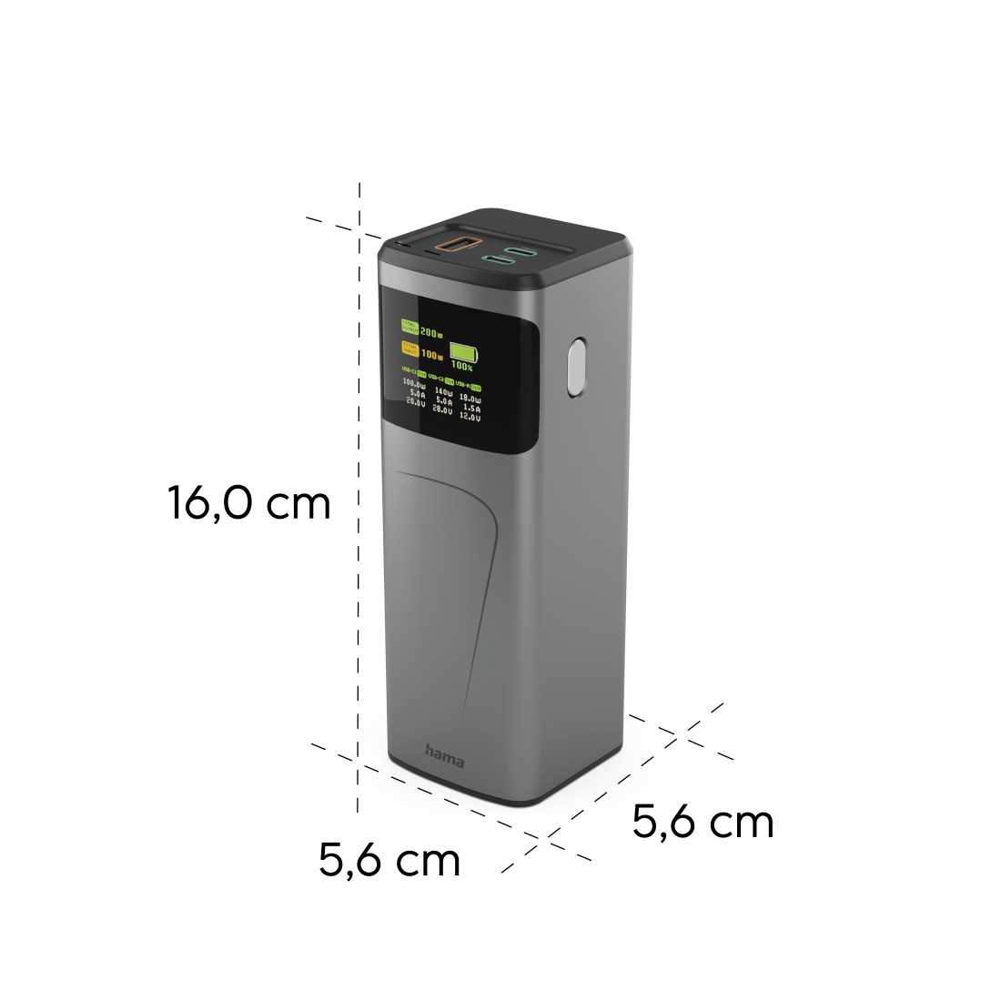 Szürke power bank, teljesítmény statisztikát mutató kijelzővel. Méretek: 16 cm magas és 5,6 cm széles.