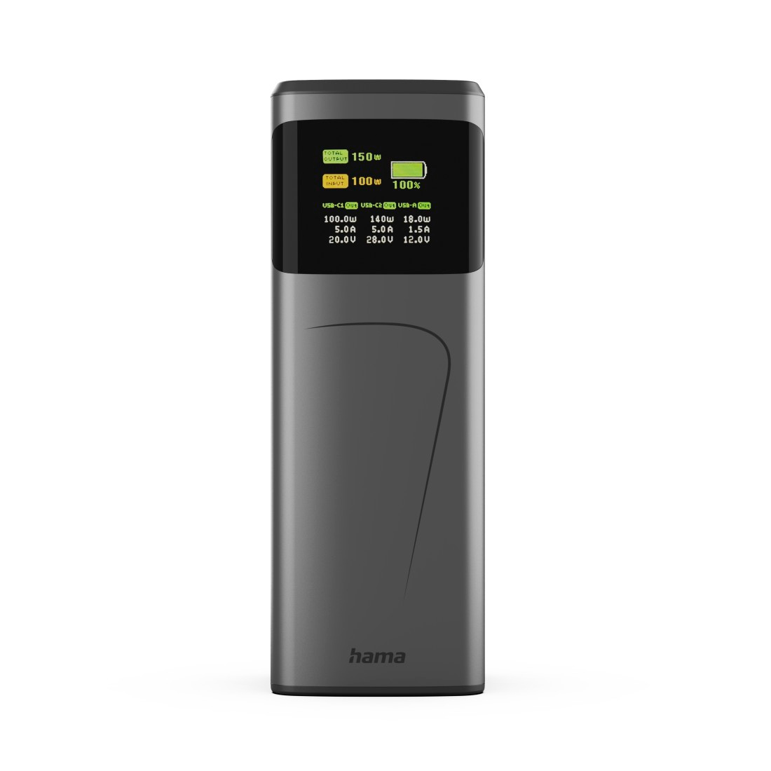 Szürke power bank, kimeneti és bemeneti adatokkal a képernyőn, alul a 'hama' logóval.