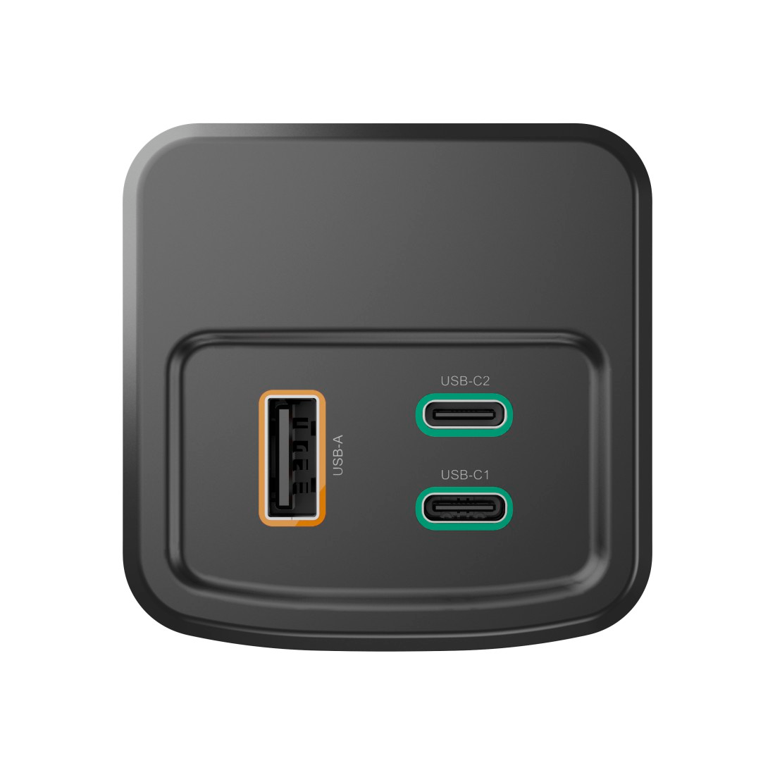 Fekete töltő három porttal: USB-A, USB-C2 és USB-C1. Az USB portok zöld és narancssárga kiemeléssel rendelkeznek.