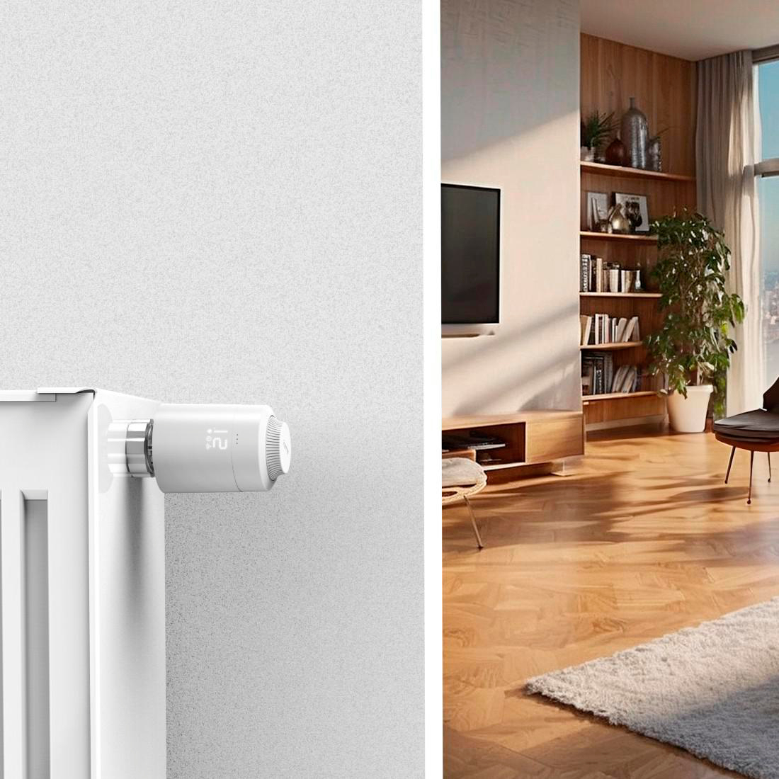 Heizkörper mit smartem Thermostat links. Wohnzimmer mit Holzboden, Fernseher und Pflanze im Hintergrund.