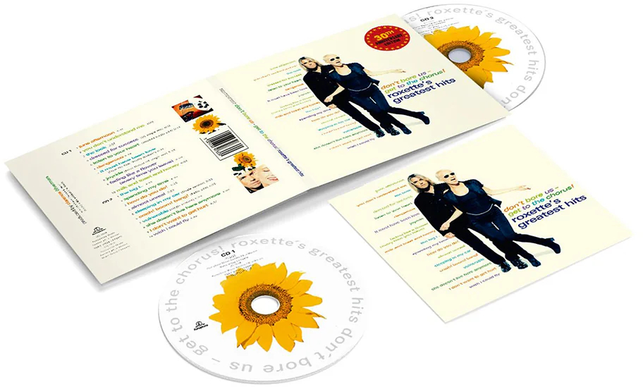 CD-készlet napraforgó dizájnnal. Roxette Greatest Hits albuma látható a duó albumborítójával. CD és tok látható.