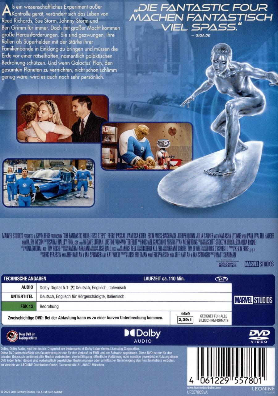 DVD-Cover: Silver Surfer auf einem Surfbrett, Fantastic Four-Figuren und Filmdetails.