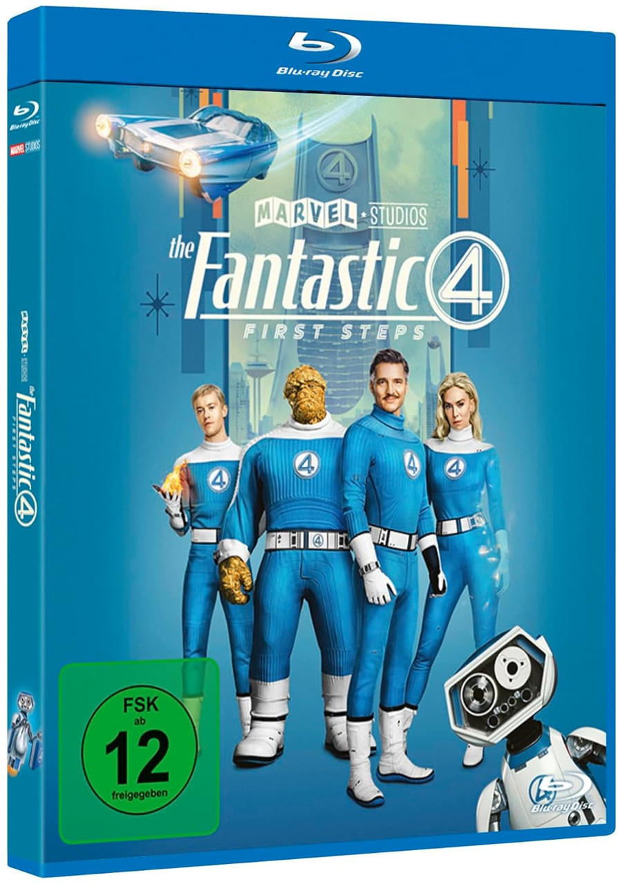 Blu-ray-Cover von Fantastic Four. Das Team in blauen Anzügen steht. Ein Auto fliegt über dem Titel. Die grüne FSK 12-Bewertung ist sichtbar.
