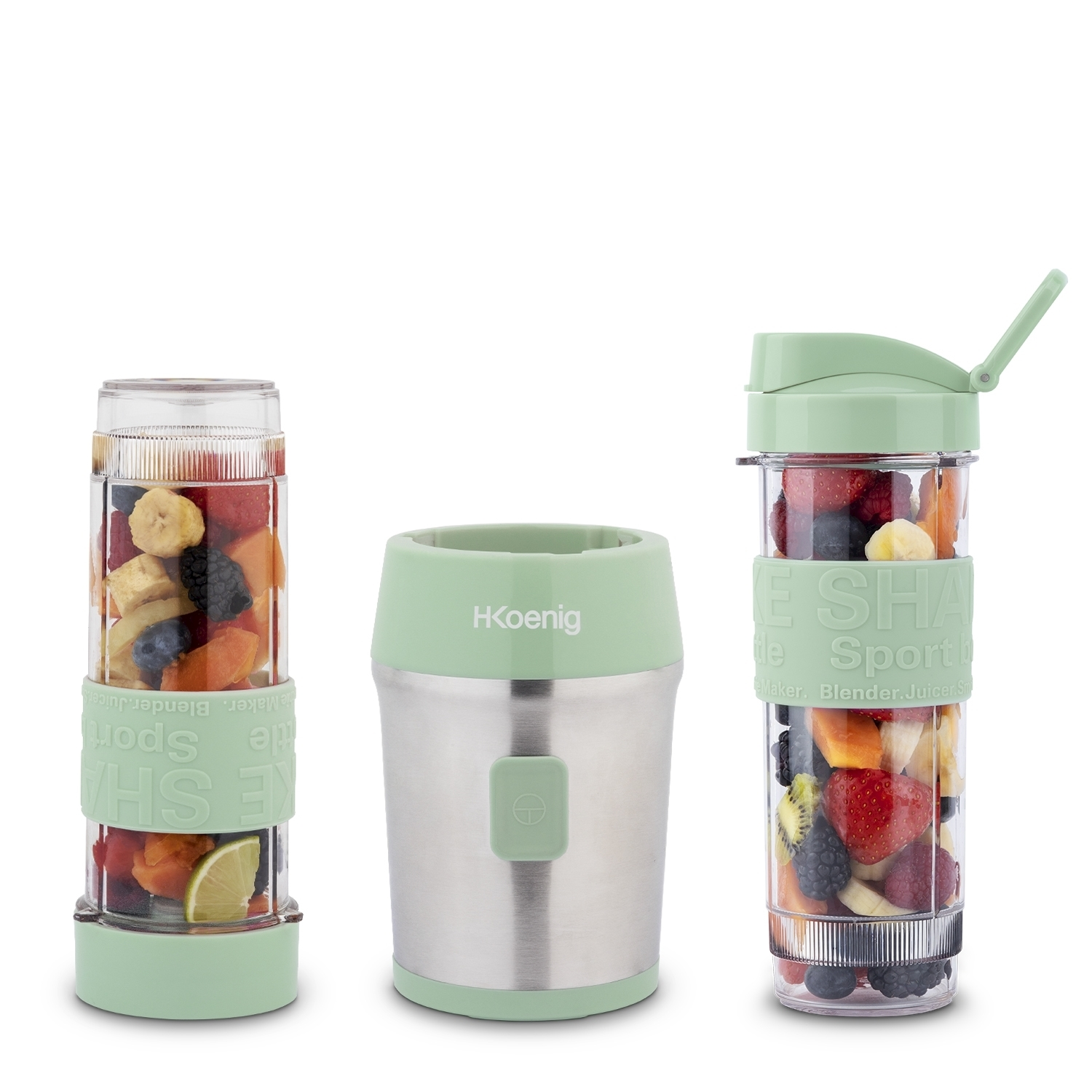 Tre frullatori con frutta all'interno. Uno è argento e menta, due sono trasparenti con frutta e coperchi menta. Il testo dice 'Shake Sport'.
