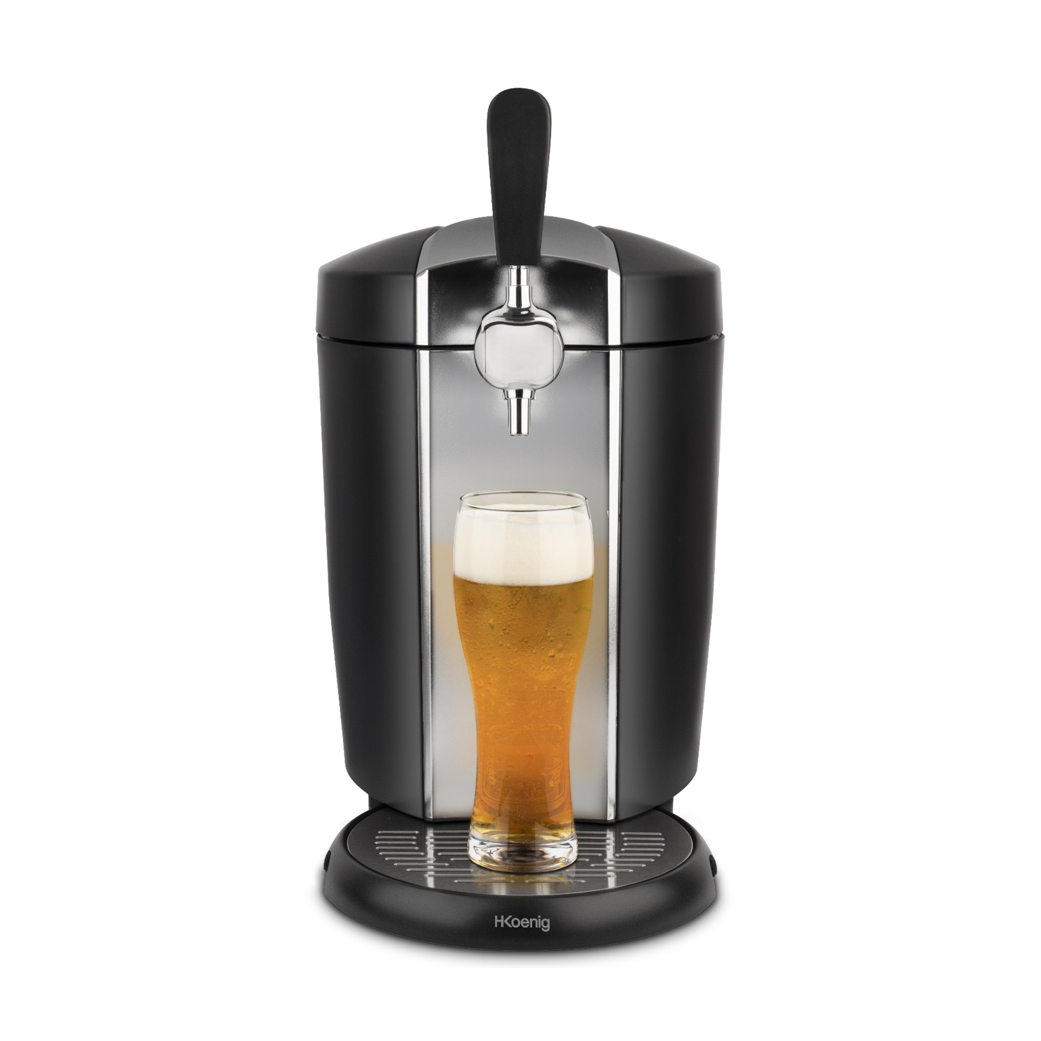 Una macchina per spillare birra nera e argento con un bicchiere di birra davanti. La birra è dorata con schiuma bianca.