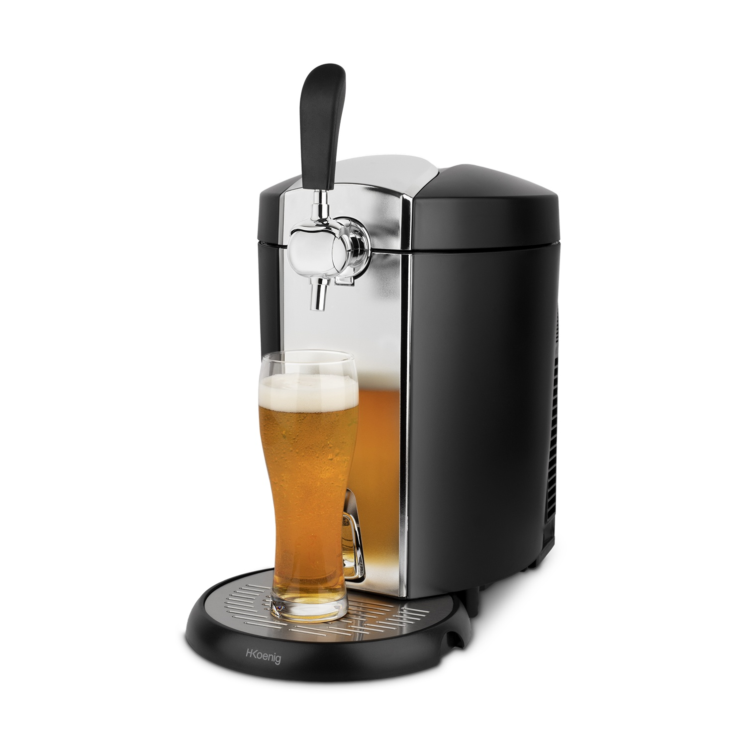 Un spillatore di birra con un bicchiere di birra. La macchina è nera e argento, la birra dorata con schiuma bianca.