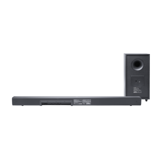 Egy soundbar és egy mélynyomó fekete háttér előtt. A soundbar vízszintes, a mélynyomó függőleges.