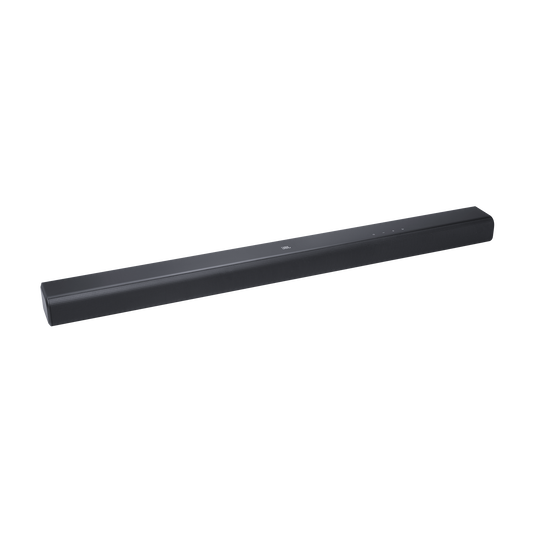 Fekete soundbar fekete háttérrel. A soundbar téglalap alakú, elöl JBL logóval.