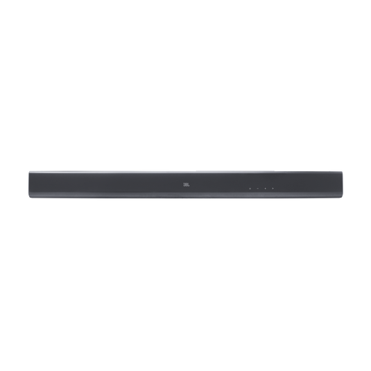 Egy sötétszürke JBL soundbar van középen, fekete háttér előtt. Rajta a JBL logó és jelzőfények.