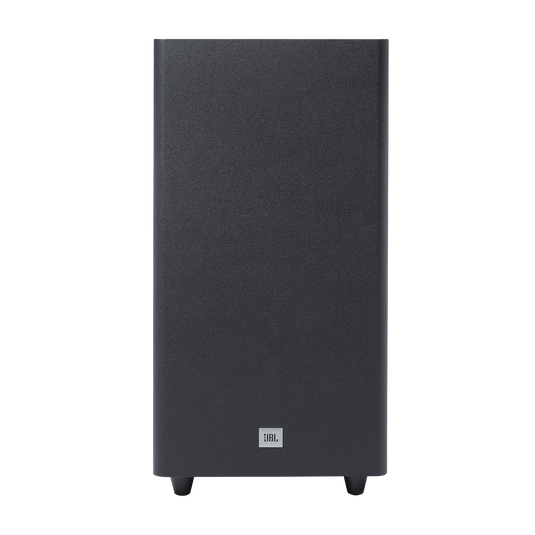 Fekete JBL soundbar fekete háttérrel. A soundbar téglalap alakú, a JBL logóval az alsó közepén.