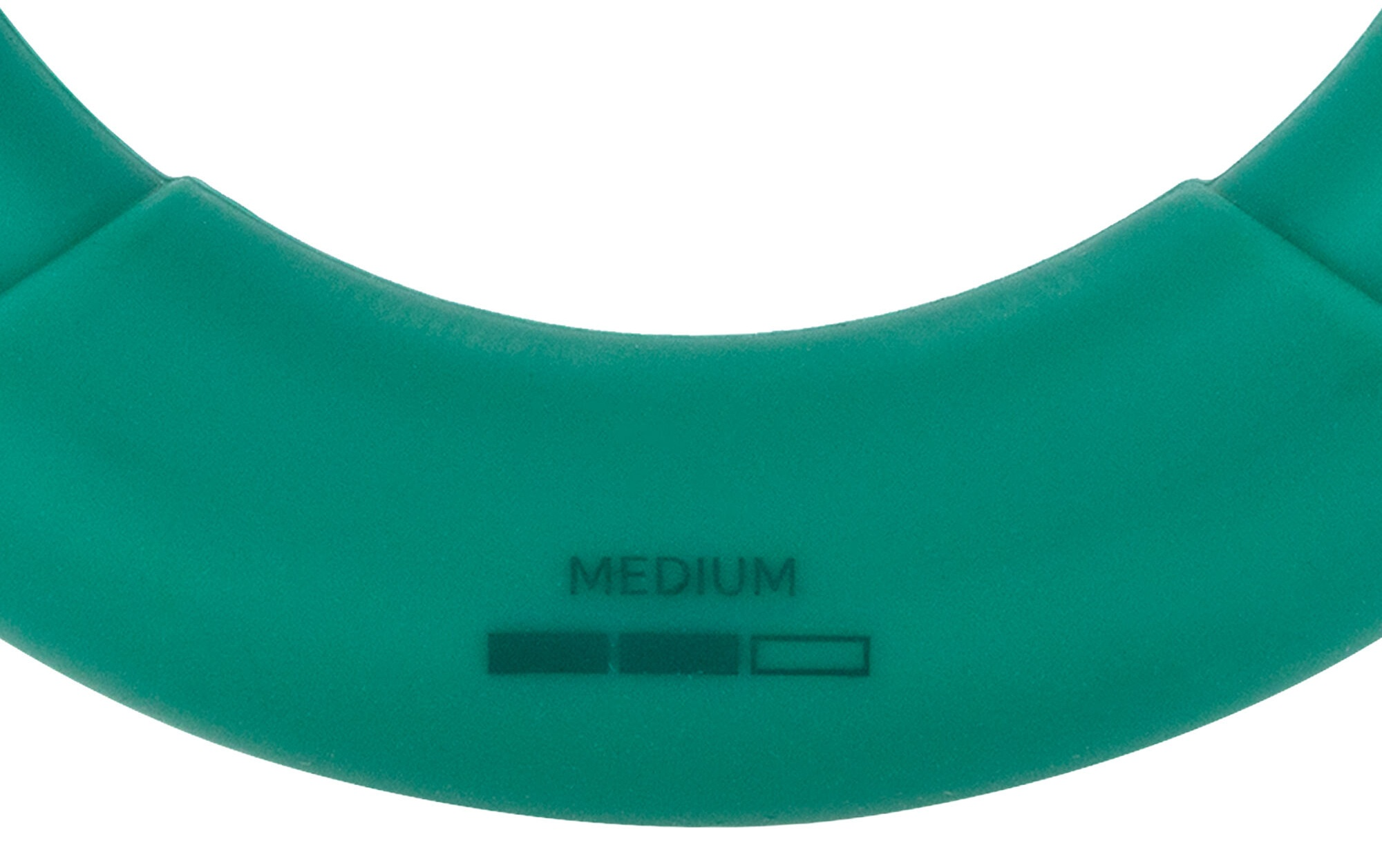 Zbliżenie turkusowego obiektu ze słowem 'MEDIUM' i trzema wskaźnikami.