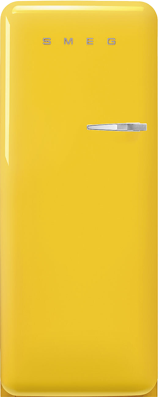 Ein hellgelber Smeg-Kühlschrank. Er hat einen silbernen Griff und das Smeg-Logo oben.