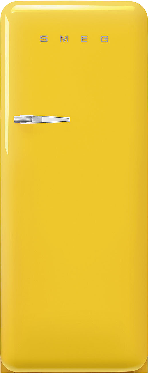 Ein gelber Smeg-Kühlschrank. Er hat einen Griff und das Smeg-Logo oben.