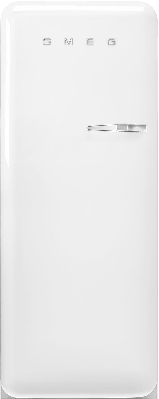 Ein weißer Smeg-Kühlschrank mit silberfarbenem Griff. Das Smeg-Logo befindet sich oben. Der Kühlschrank ist schlicht weiß.