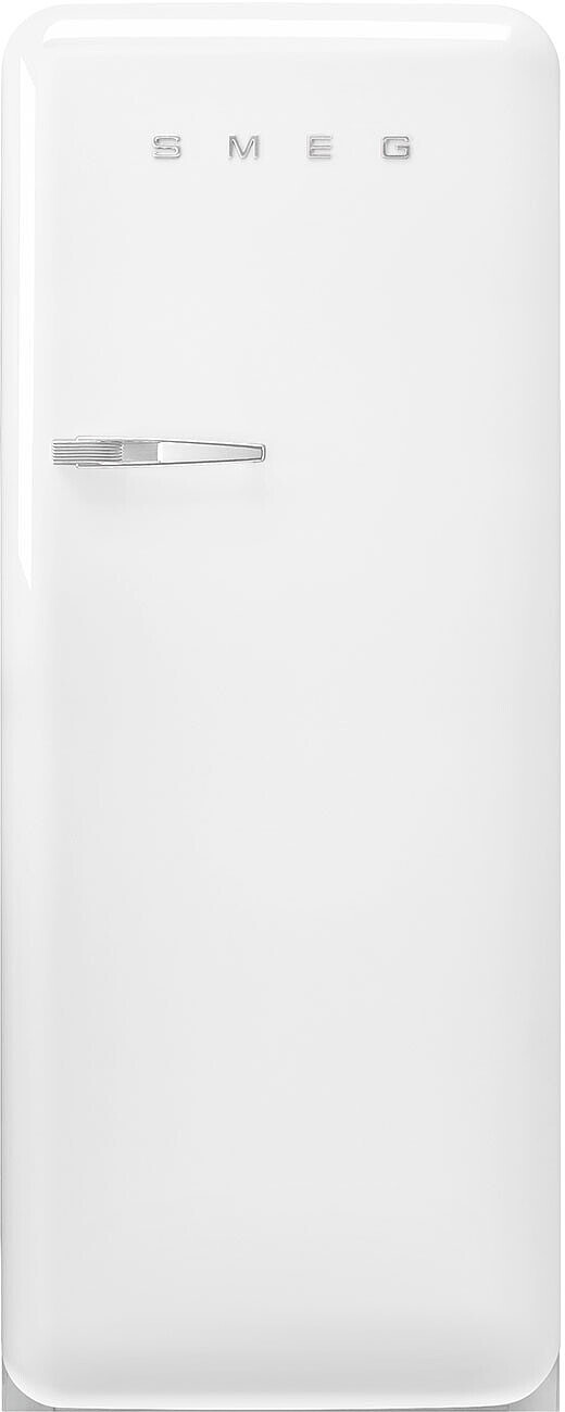Ein weißer Smeg-Kühlschrank. Er hat einen Griff und die Buchstaben SMEG oben. Die Tür ist glatt und sauber.