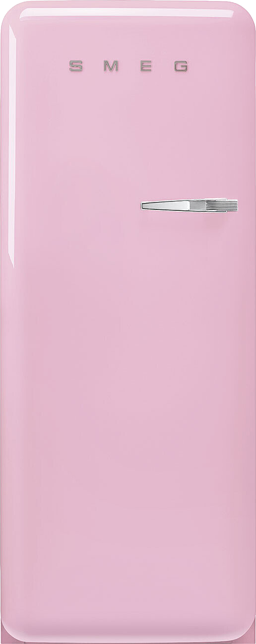 Ein rosa SMEG-Kühlschrank. Er hat einen silbernen Griff und das SMEG-Logo oben. Der Hintergrund ist schlicht.