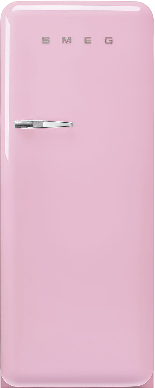 Ein rosa SMEG-Kühlschrank. Er hat einen Chromgriff und das SMEG-Logo oben. Der Kühlschrank hat eine pastellrosa Farbe.