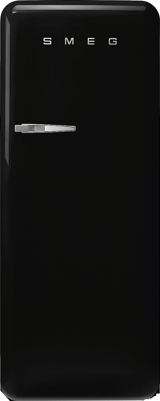 Ein schwarzer Smeg-Kühlschrank. Er hat einen Chromgriff und den Markennamen SMEG oben.