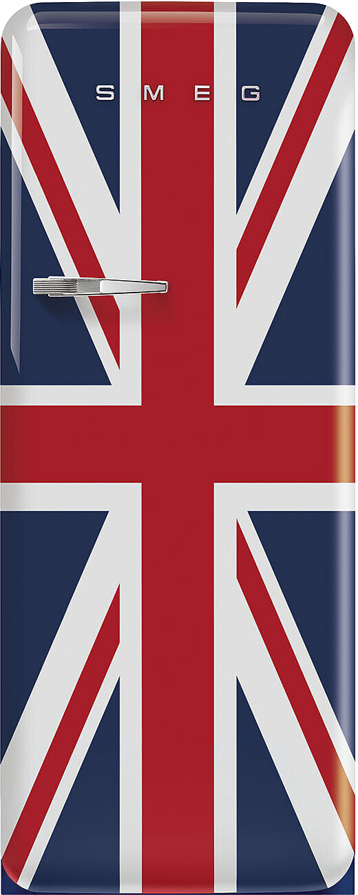 Kühlschranktür mit Union-Jack-Flaggen-Design. Sie hat rote, weiße und blaue Farben, und der Markenname 'SMEG' ist sichtbar.
