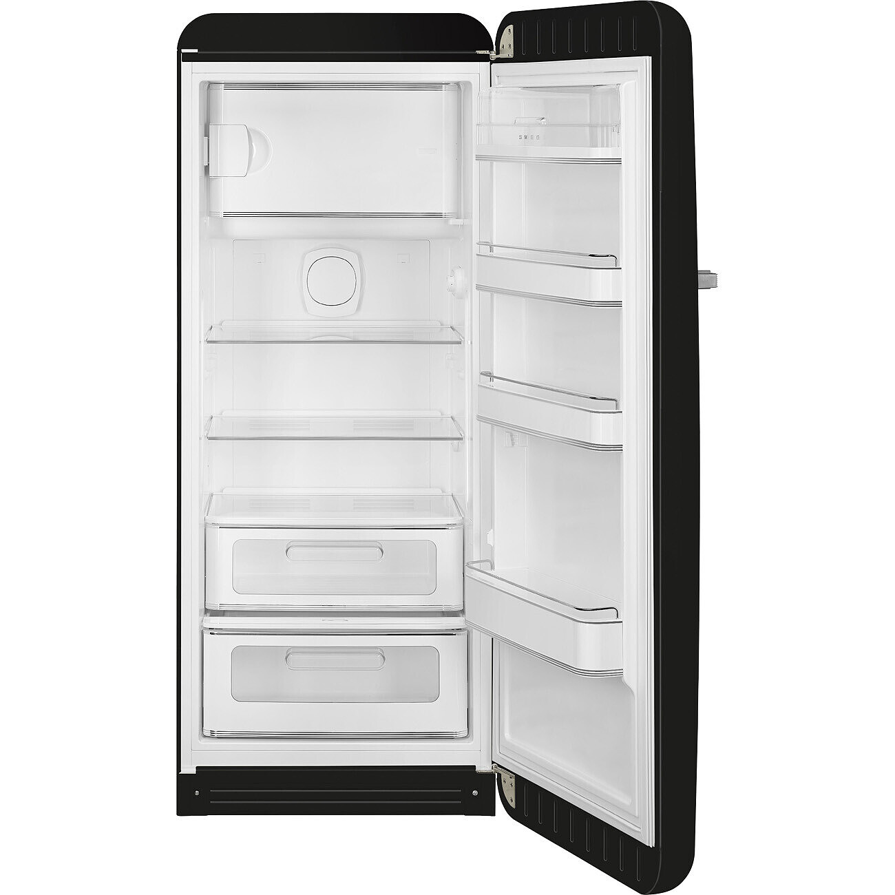 Offener schwarzer Kühlschrank. Innenraum mit Regalen, Schubladen und weißer Innenausstattung. Offene Tür rechts.