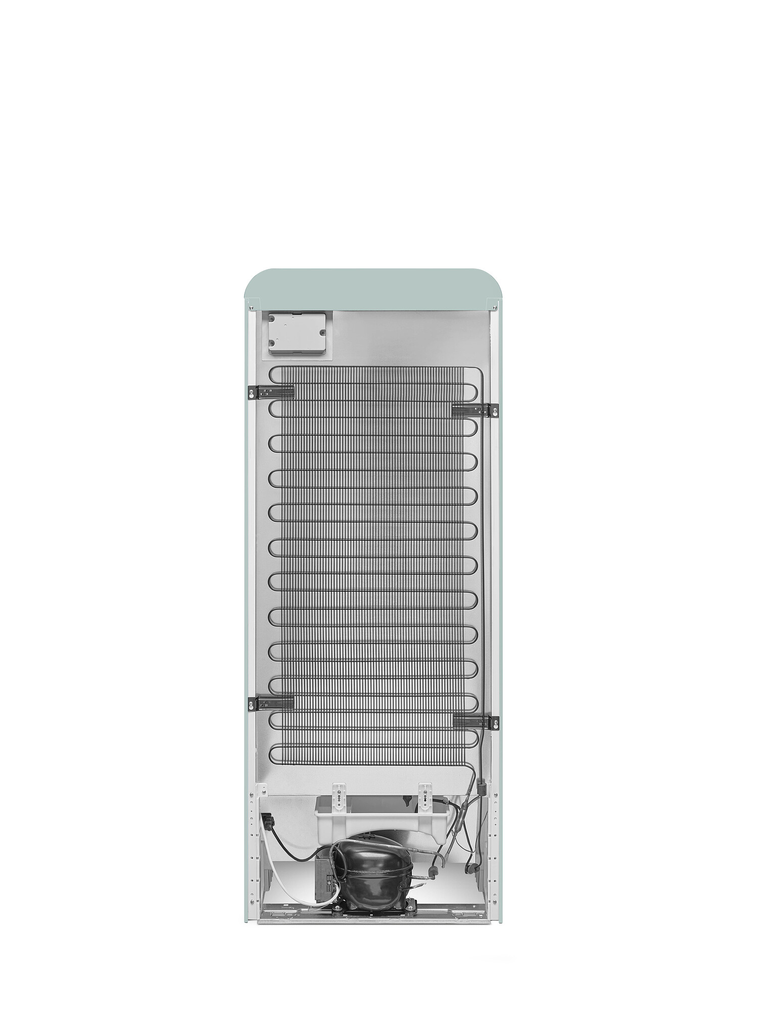 Die Rückseite eines Kühlschranks. Er hat eine blaugrüne Oberseite, einen schwarzen Kondensator und Kompressor. Drähte und ein Metallgitter sind sichtbar.