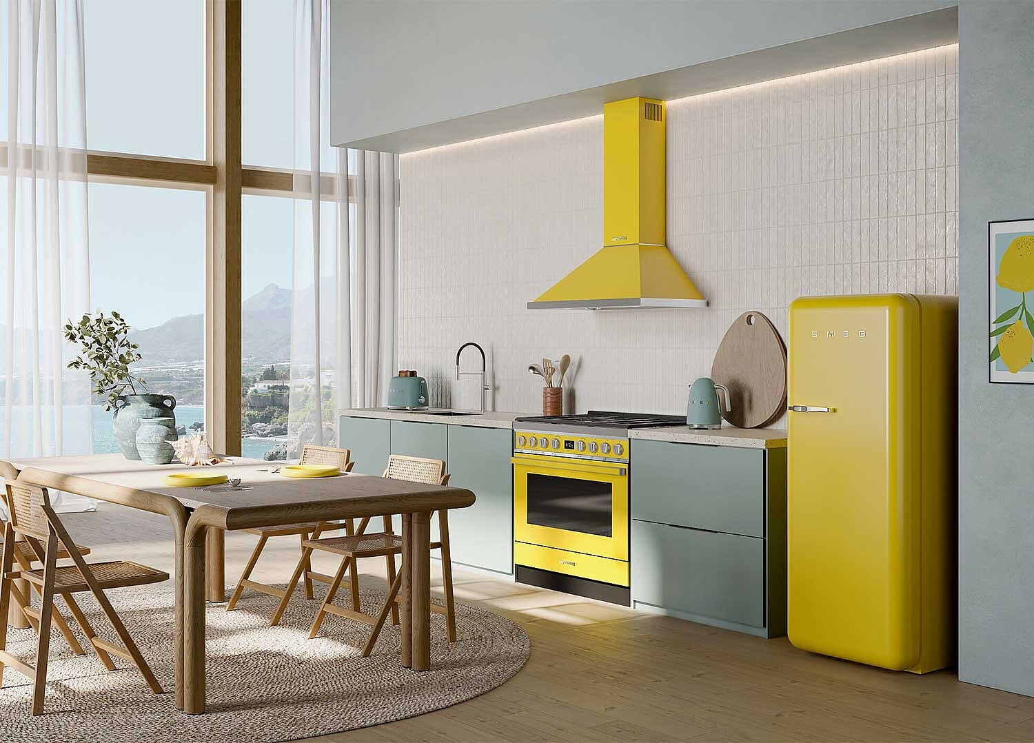 Eine moderne Küche mit gelben Geräten. Enthält einen Herd, einen Kühlschrank und eine Dunstabzugshaube. Ein Tisch und Stühle sind im Vordergrund.